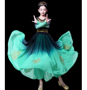 Mint red purple Chinese folk Xinjiang dance dresses for girls kids Uyghur ethic minority performance costumes Girl Guli film cosplay dance swing skirts